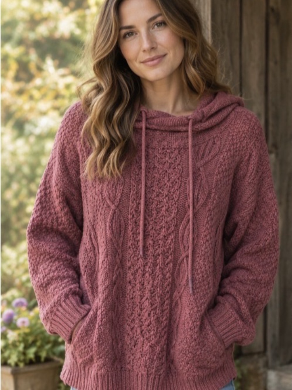 LL Bean 100% Cotton Signature Cable Knit Cowl Neck Sweater in plum XL